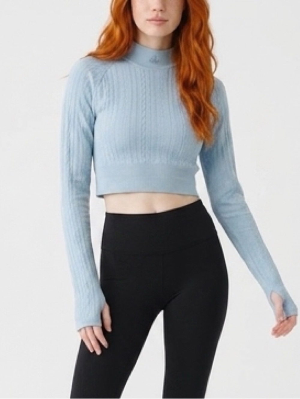 ALO Yoga Cable Knit Cropped Sweater Pale Blue Seamless Athleisure | Size M